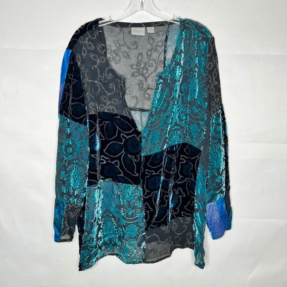 Chico’s Woman’s Top sz 3 XL Silk Blend Velvet Teal Black Blue Patchwork V-Neck - Picture 1 of 9